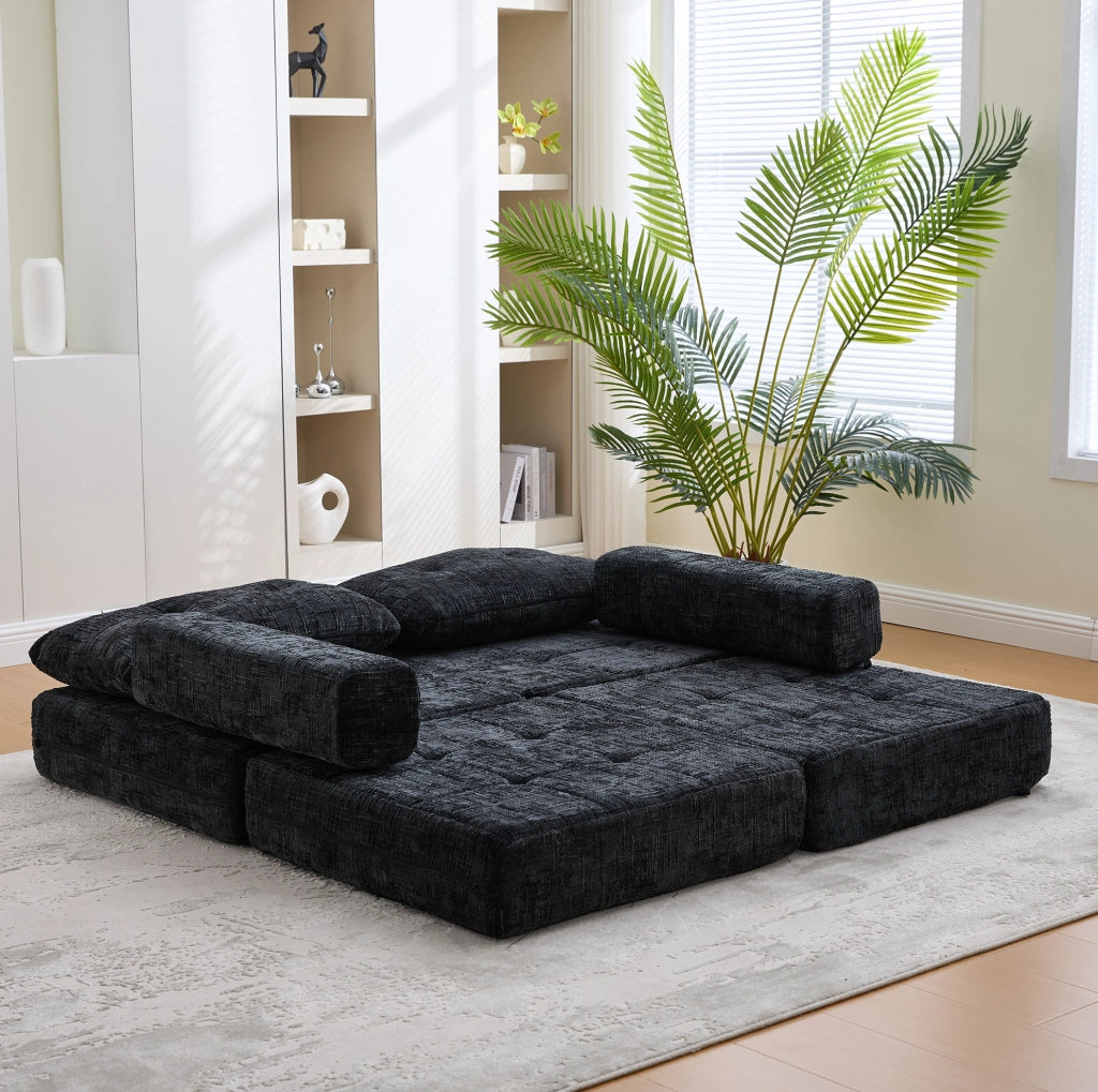 Divano letto pieghevole nero 79x79x57 cm con cuscini, chenille e schiuma ad alta densità