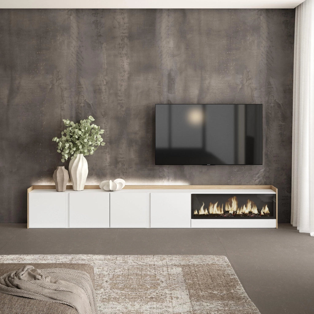 Mobile TV Soggiorno, 315x50x35 cm, Per TV fino a 80", Camino elettrico XXL, LED, Bianco e Rovere soft