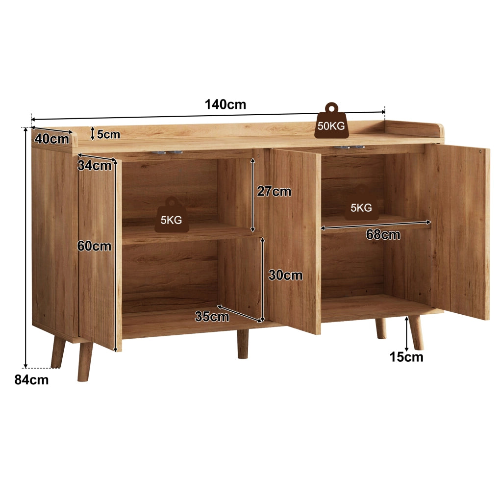 Credenza da cucina a 4 ante con ripiani regolabili, 140 x 40 x 84 cm, finitura naturale