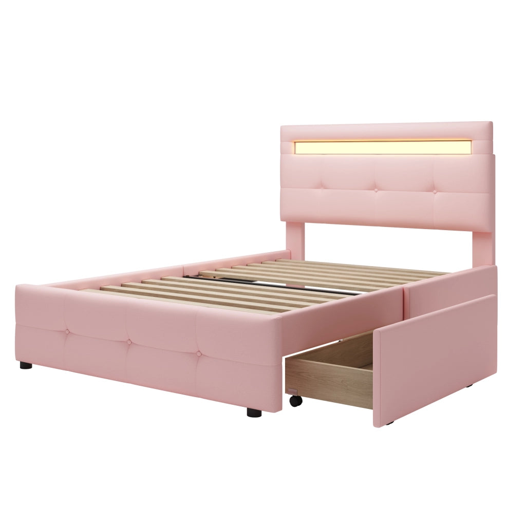 Letto imbottito con LED, 2 cassetti e testiera regolabile, 90x200 cm, rosa