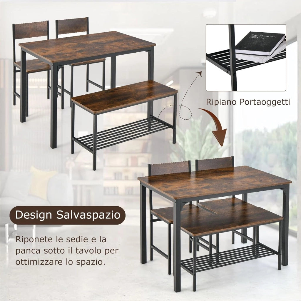 Set Tavolo e Sedie da Pranzo 4 Pezzi, Tavolo da Pranzo con 2 Sedie e 1 Panca, Set Mobili da Cucina Salvaspazio con 4 Posti, per Cucina, Sala da Pranzo, Soggiorno (Caffè)