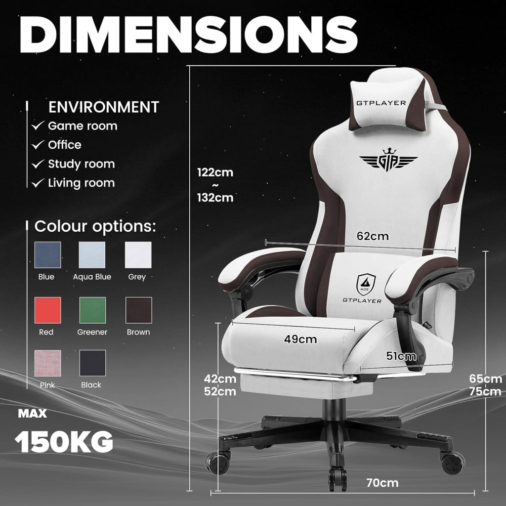 Sedia da gaming, ergonomica, in Tessuto tecnico, con supporto lombare, sedia PC con schienale allargato, portata fino a 150 kg, marrone