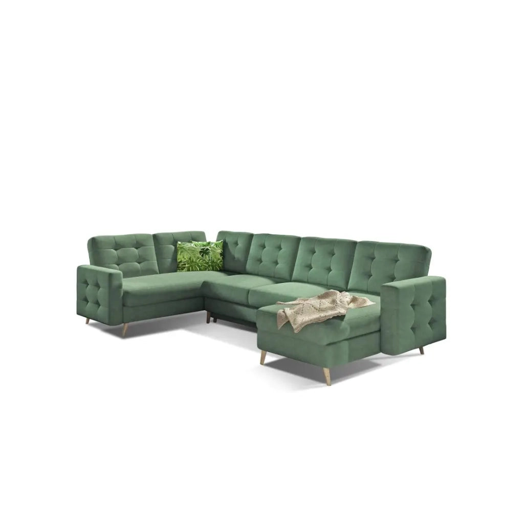 Divano ad angolo panoramico trasformabile HASGARD U 326 cm verde con contenitore