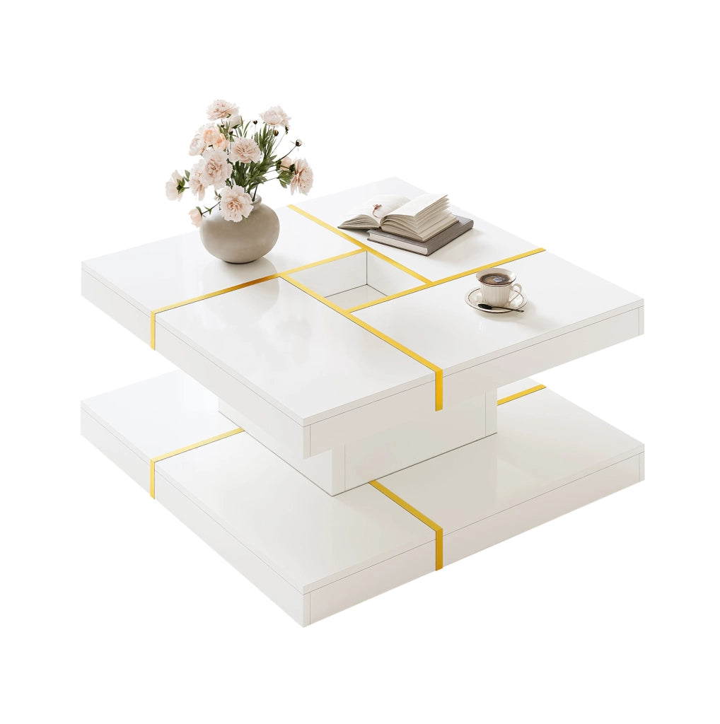 Tavolino da caffè a 2 livelli bianco 80x80 cm con dettagli dorati