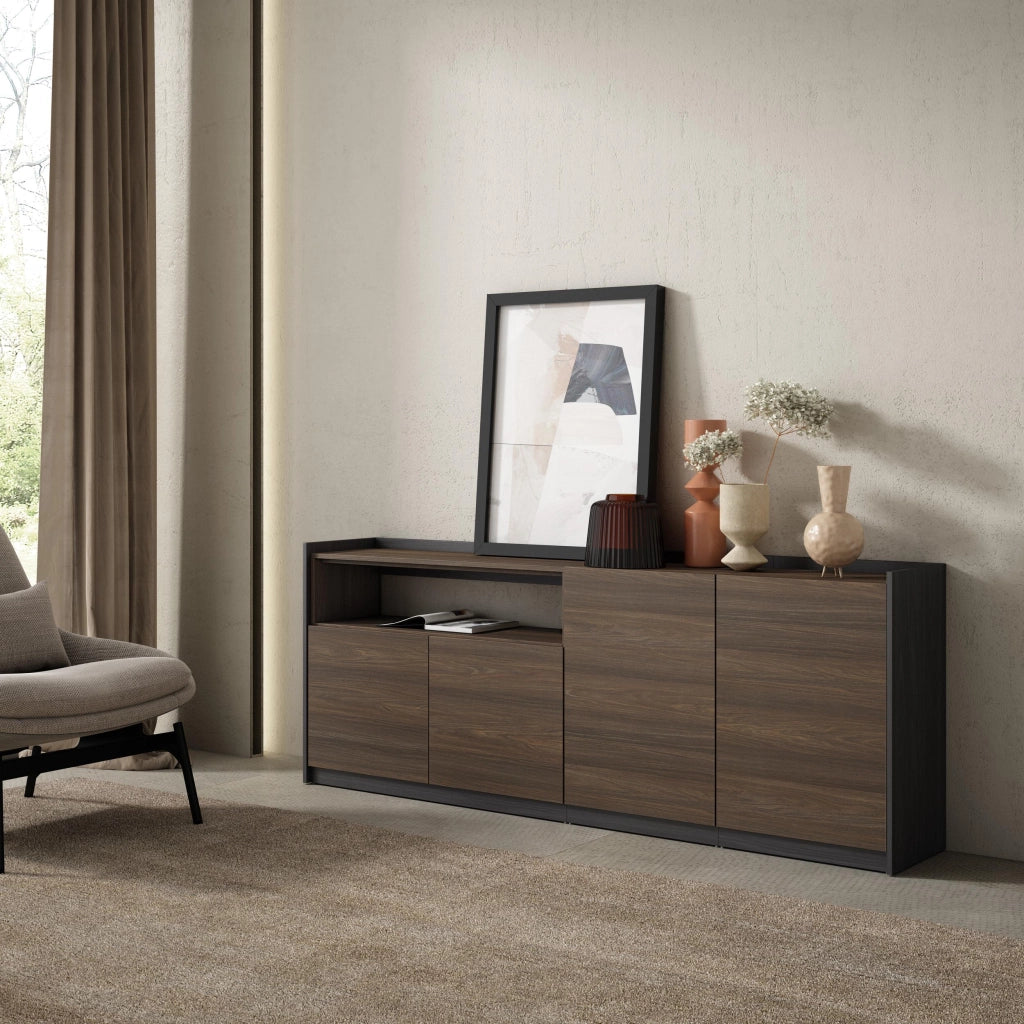 Credenza, Mobile, Cucina, 207x80x37 cm, 4 Porte, grande stoccaggio, Rovere scuro e Nero