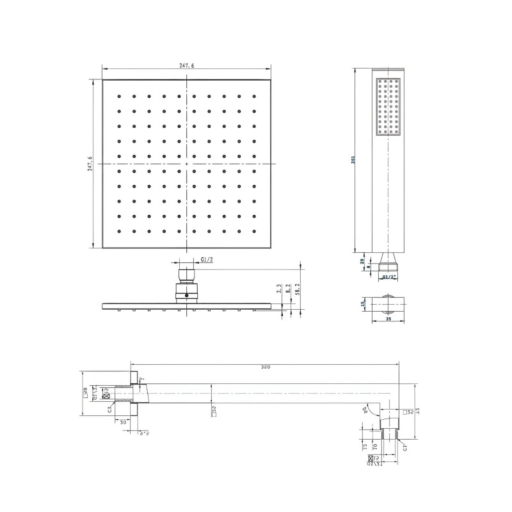 Set per doccia soffione quadro in acciaio inox 25x25 millimetri opaco *** tinta bianco, confezione 1