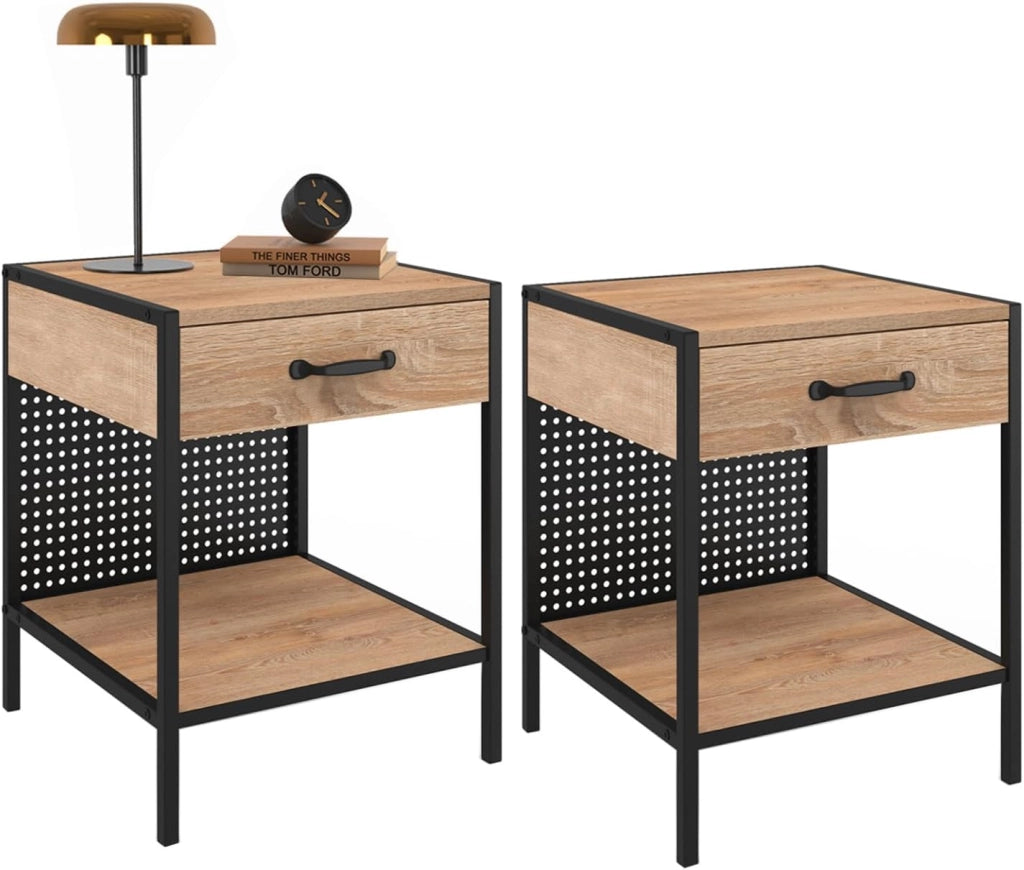 Set di 2 comodini Preston in Acciaio Perforato con 1 cassetto dal Design Industriale