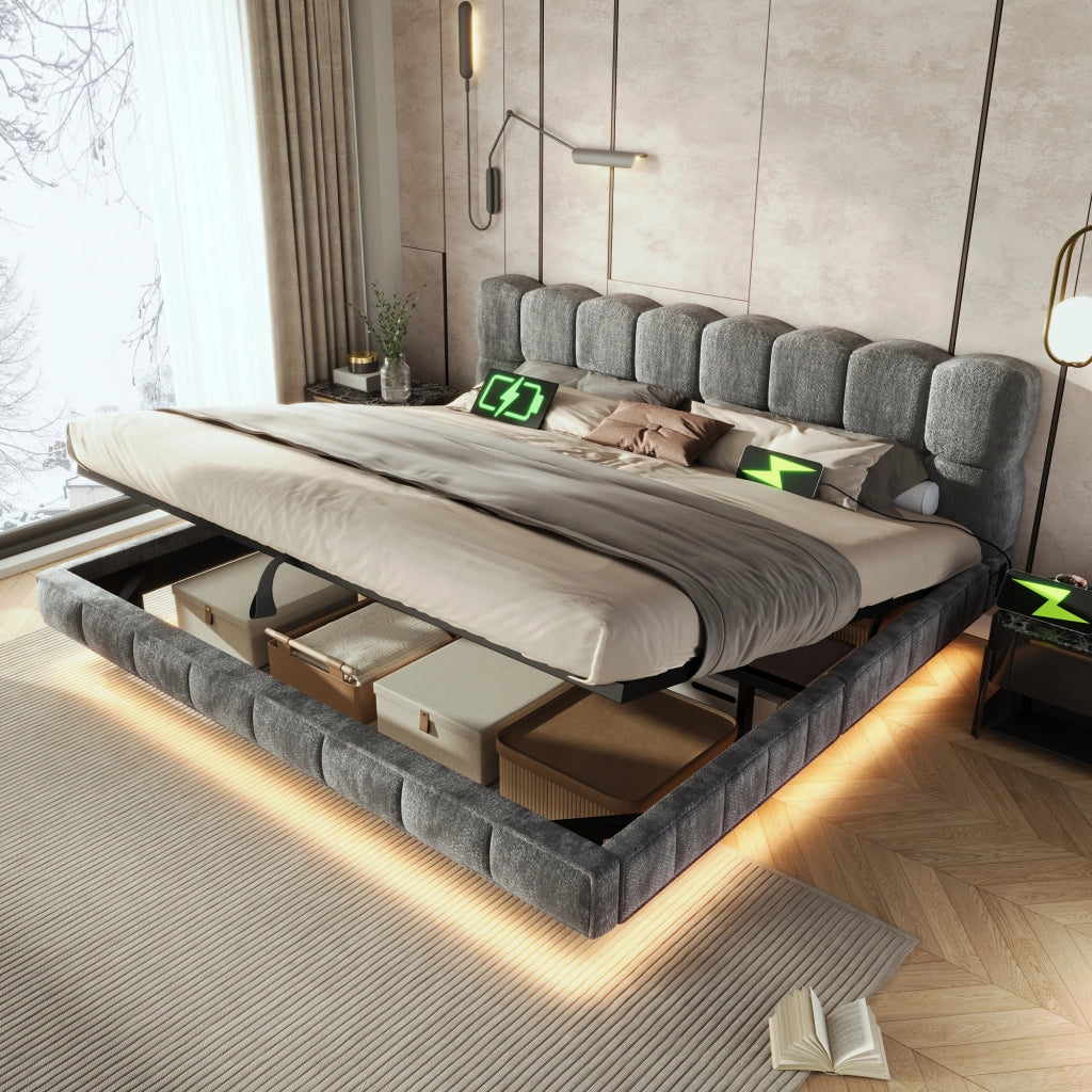 Letto imbottito 180x200 cm con contenitore idraulico e LED in ciniglia grigio