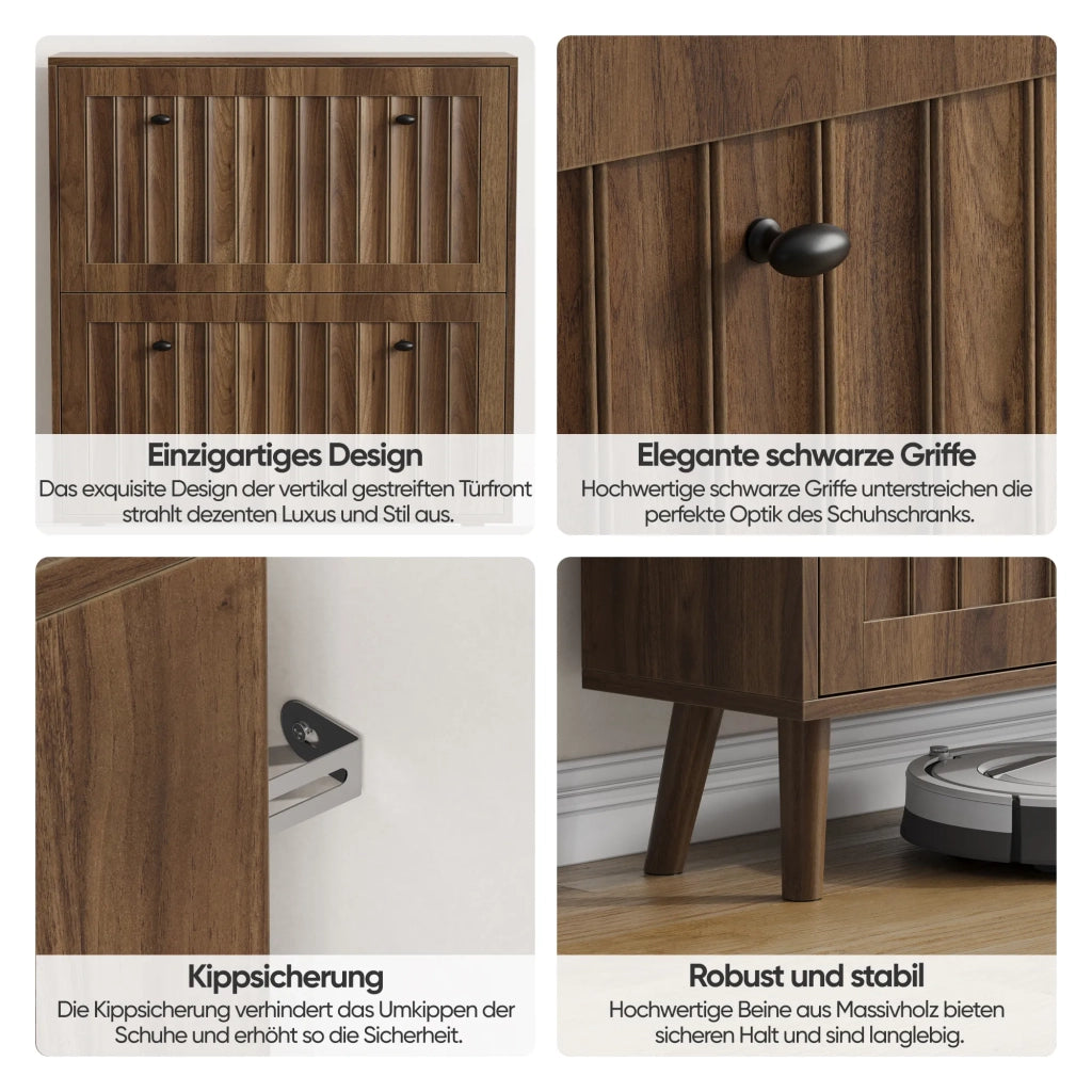 Scarpiera alta 80 cm color noce, design verticale scanalato stile medievale per ingresso e corridoio