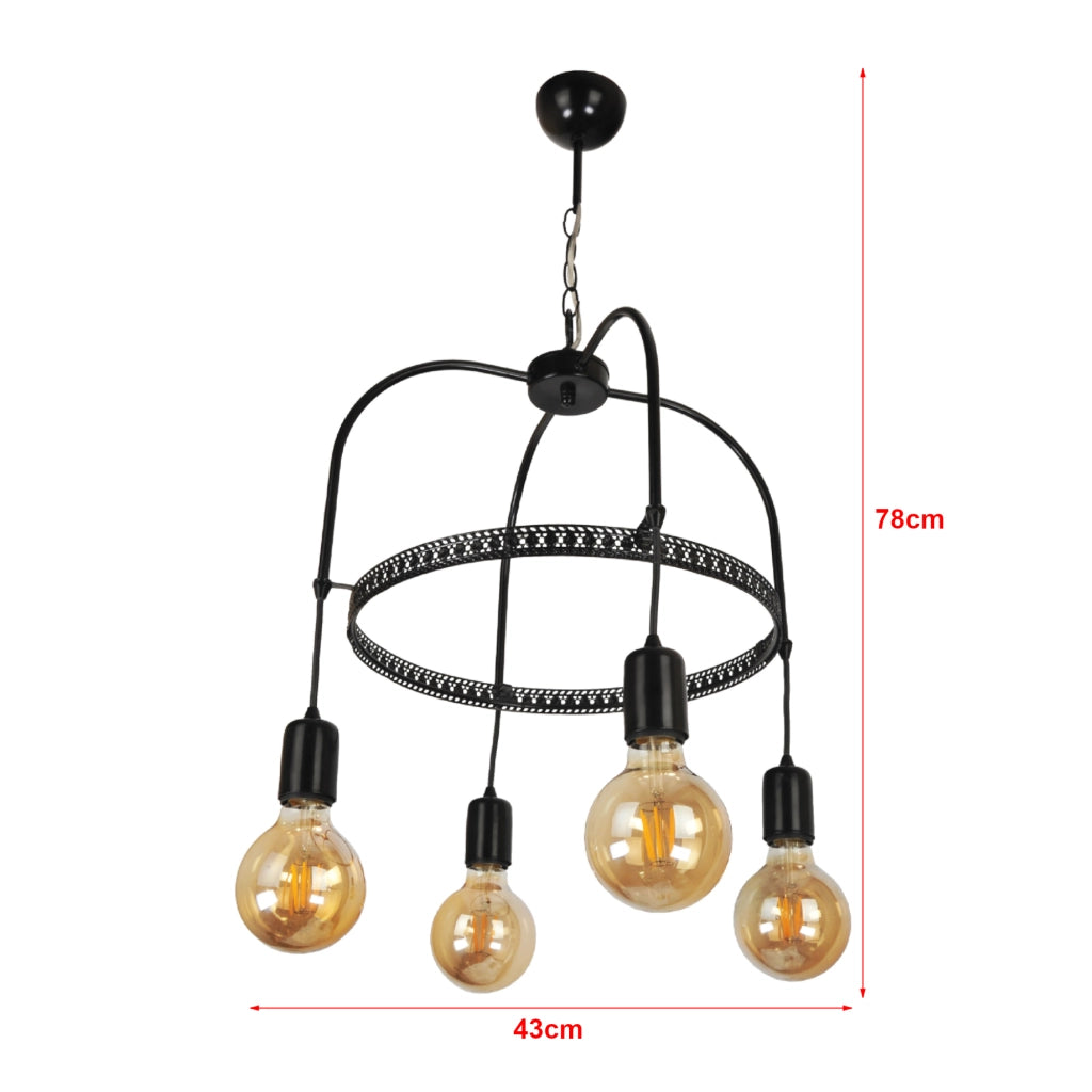 Lampadario 'Llandudno' a 4 Fonti Luce in Stile Industriale Lampada da Soffitto con Portalampada Pendenti Senza Paralumi - Nero - lux.pro