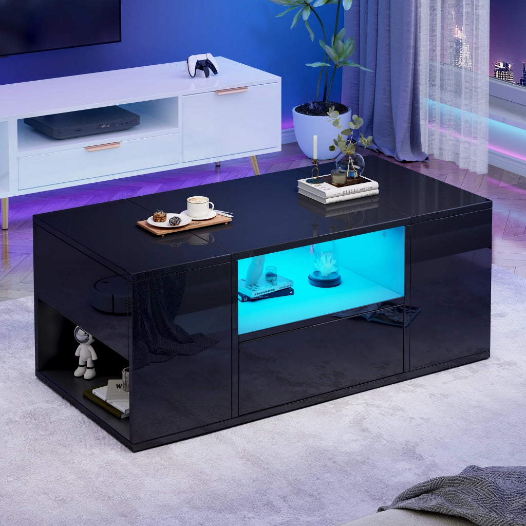TAVOLINO DA SALOTTO 100 x 50 x 40 cm Nero lucido con LED