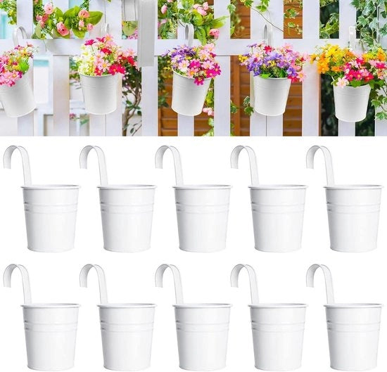 Set di vasi in metallo appesi 10 cm - Pacchetto da 10 vasi bianchi per balcone - Vaso per fiori con gancio rimovibile - Decorazione per giardino con ringhiera - Piante per cancellata - Decorazione per la casa