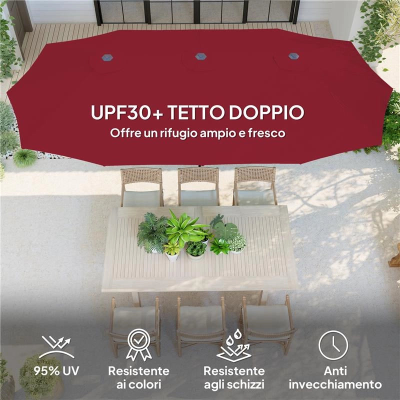 OMBRELLONE DOPPIO CON PRESE D'ARIA E MANOVELLA IN METALLO E POLIESTERE 4X2.2X2.34 M NERO E ROSSO