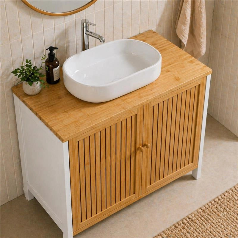 MOBILE SOTTOLAVABO IN LEGNO BIANCO CON 2 ANTE IN BAMBOO DIMENSIONI 60X30X70 CM