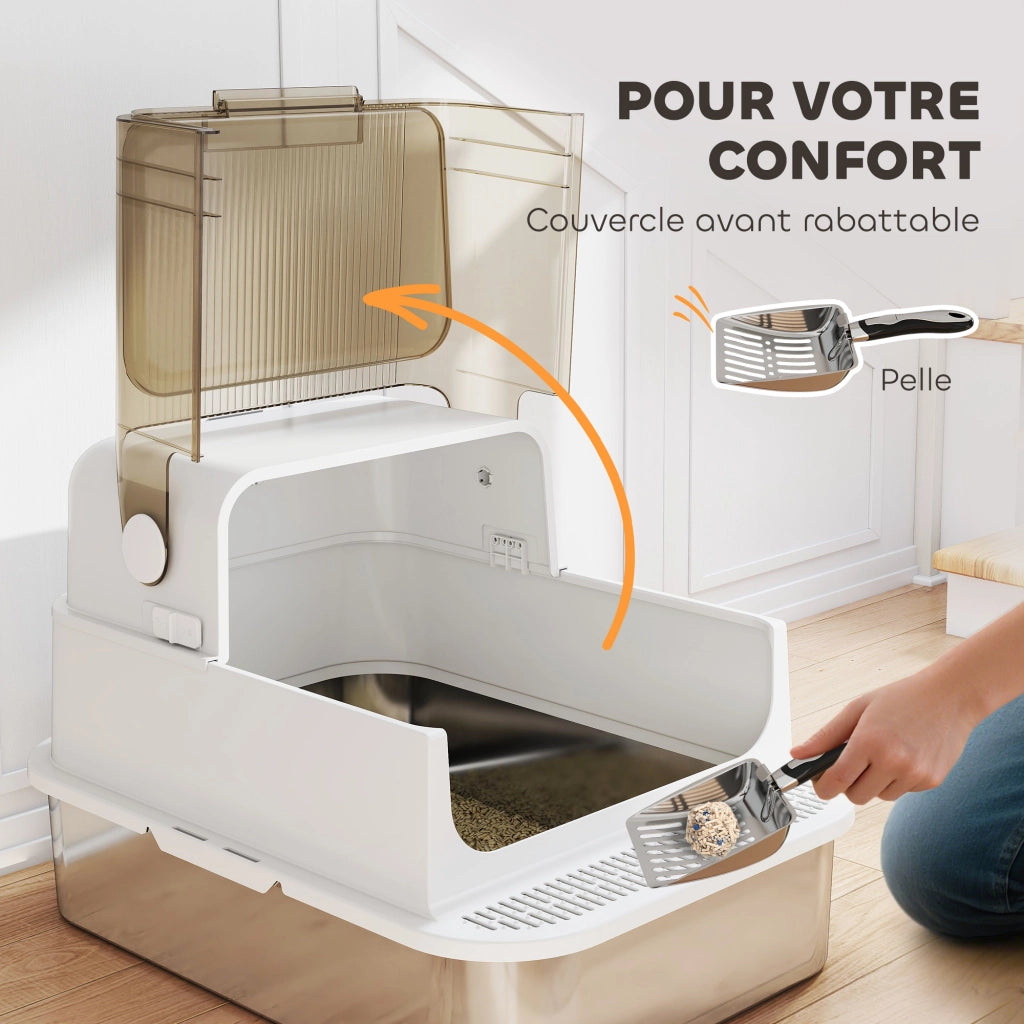 Cassettiera per gatti in acciaio inox con paletta ¨C zephmum ¨C 70x50x46,5 cm bianco