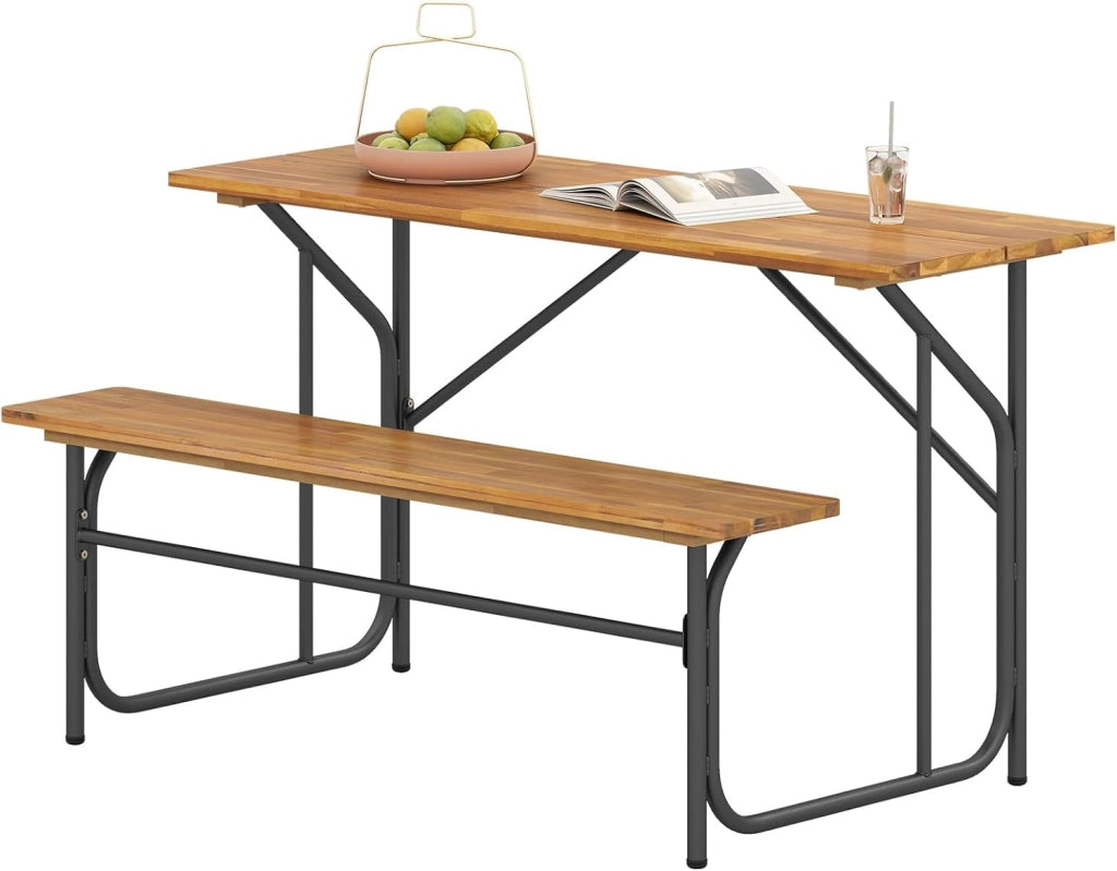 Panca da tavolo da picnic mezza per 2 persone, set tavolo da pranzo e panca in legno di acacia con struttura in metallo resistente, per patio, veranda, giardino, cortile posteriore