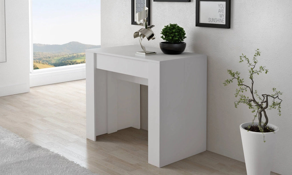 Consolle allungabile Vaelis, trasformabile in tavolo da pranzo, salvaspazio ed estensibile fino a 237 cm, 90-237x76,6x90 cm, Bianco