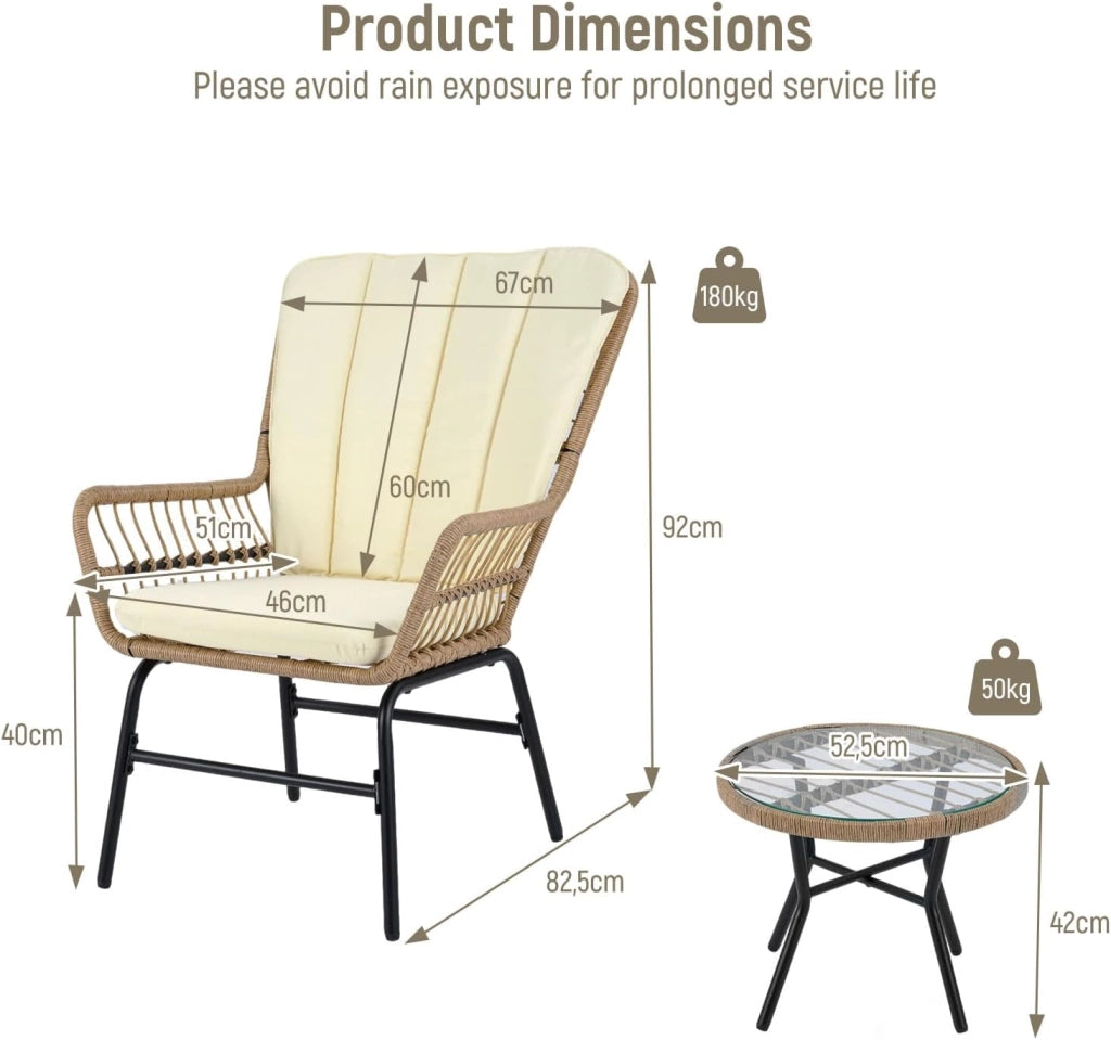 Set di 3 mobili da giardino in rattan con 2 sedie con cuscino e tavolo, set da bistrò per balcone, terrazza e patio, per 2 persone, portata fino a 180 kg