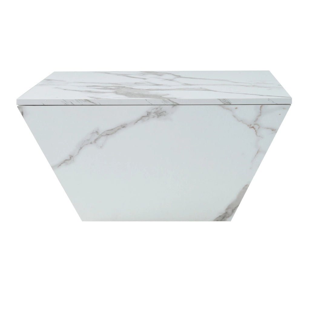 Tavolino da salotto moderno trapezoidale 70x70x37 cm in MDF con finitura effetto marmo bianco