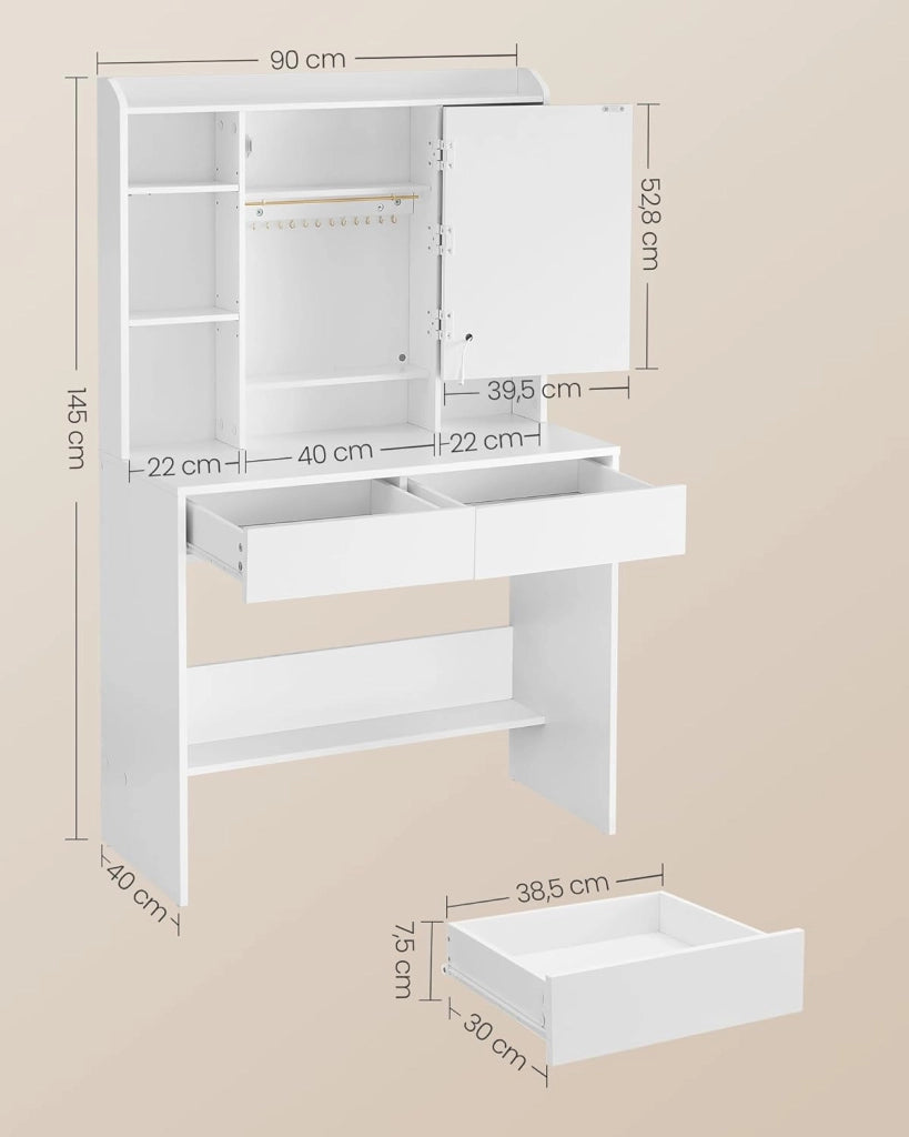 VASAGLE KAILYN Collezione - Toeletta con Luci LED 3 Colorazioni con LuminositàRegolabile, Tavolo da Trucco con Specchio, Ripiani Regolabili, 2 Cassetti, Postazione Trucco, Bianco RDT123T14