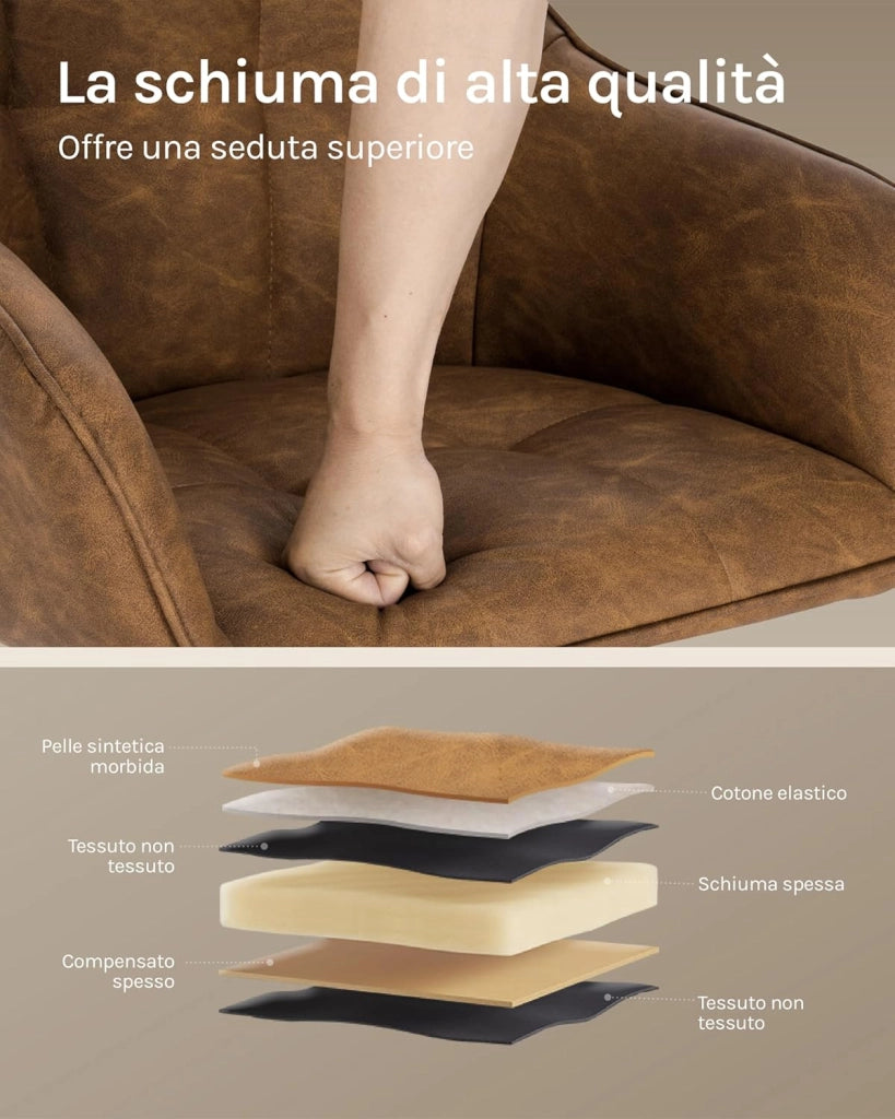 Set di 2 Sedie per Sala da Pranzo Girevoli a 360°, Sedie da Cucina Imbottite con Gambe in Metallo, Poltroncine in Similpelle per Camera da Letto, Soggiorno, Marrone Chiaro, BH366hbr-2