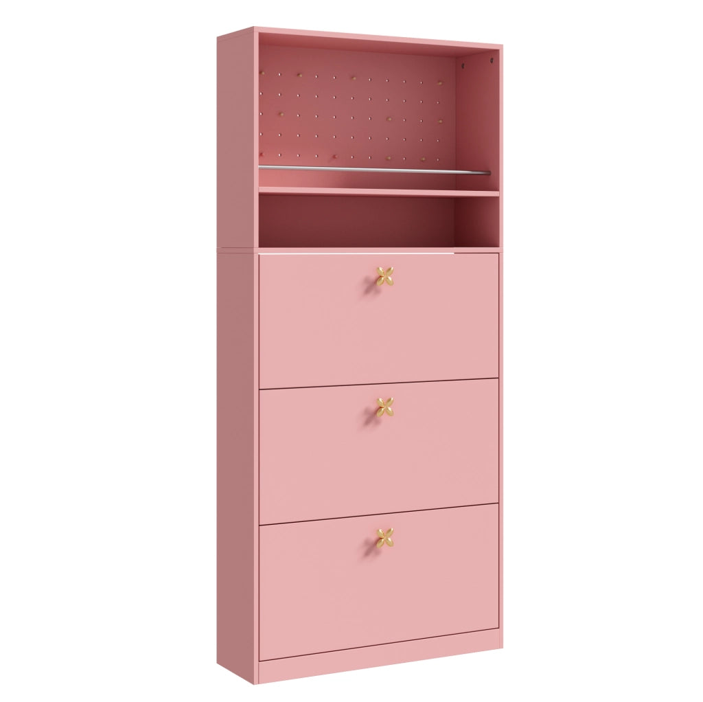 Scarpiera alta salvaspazio rosa con ante a ribalta e pannello forato