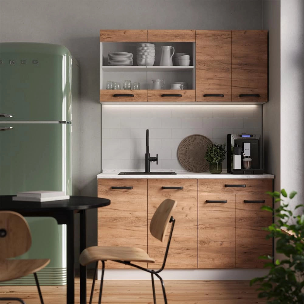 Cucina monoblocco R-Line, Quercia dorata, 140 cm senza piano di lavoro, adatto a spazi piccoli, espandibile in modo modulare