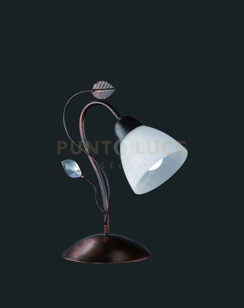 TRADITIO LAMPADA TAVOLO METALLO RUGGINE ANTICO VETRO BIANCO CON GEMMA TRASPARENTE H. 32CM 1 LUCE ATTACCO E14