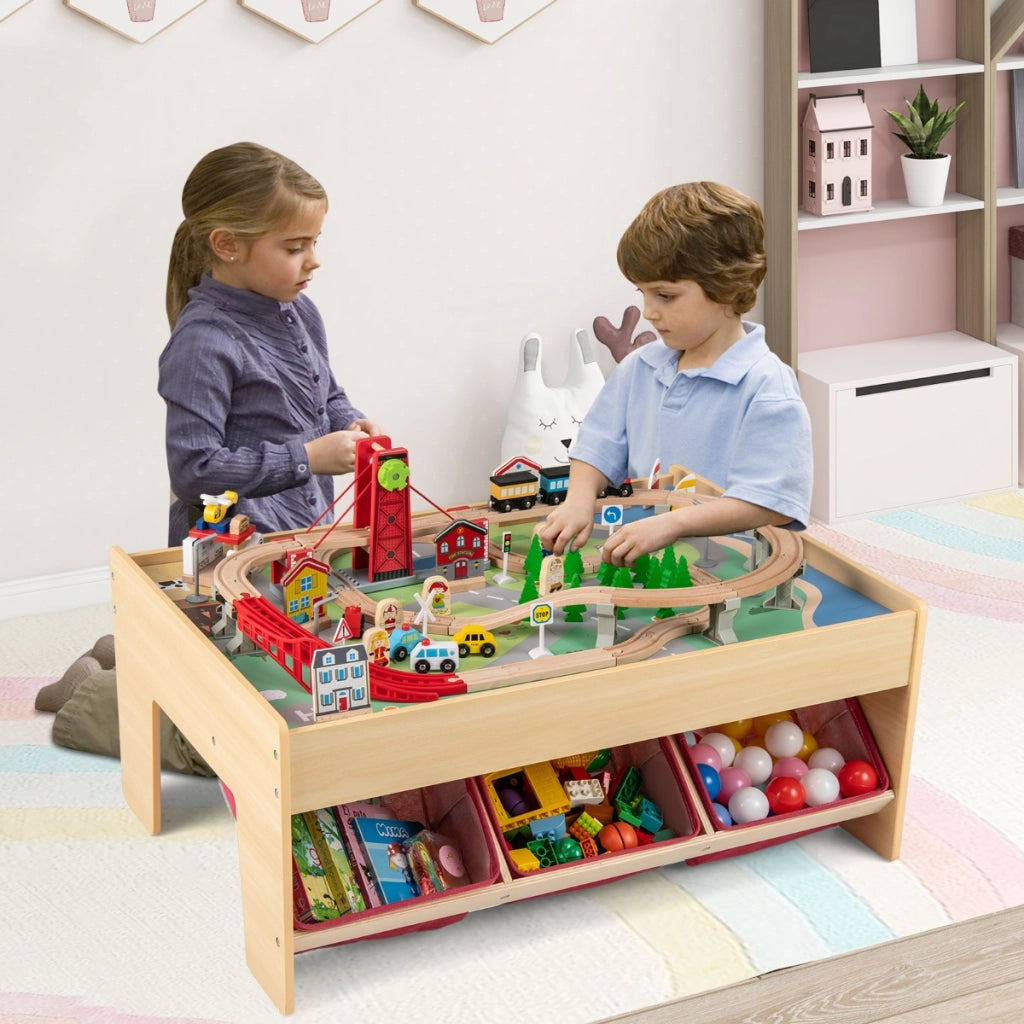 Tavolo da gioco multifunzionale per bambini con 2 superfici reversibili, Tavolo con set di treni in legno Naturale