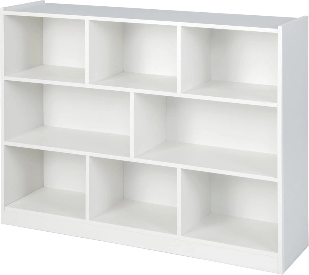 Libreria Aperta, 7 armadietti di 2 diverse dimensioni, mobile portaoggetti in legno con gambe antiscivolo, per libri e giocattoli, (bianco, 122 x 32 x 93 cm) (LK09392FQES-KF)