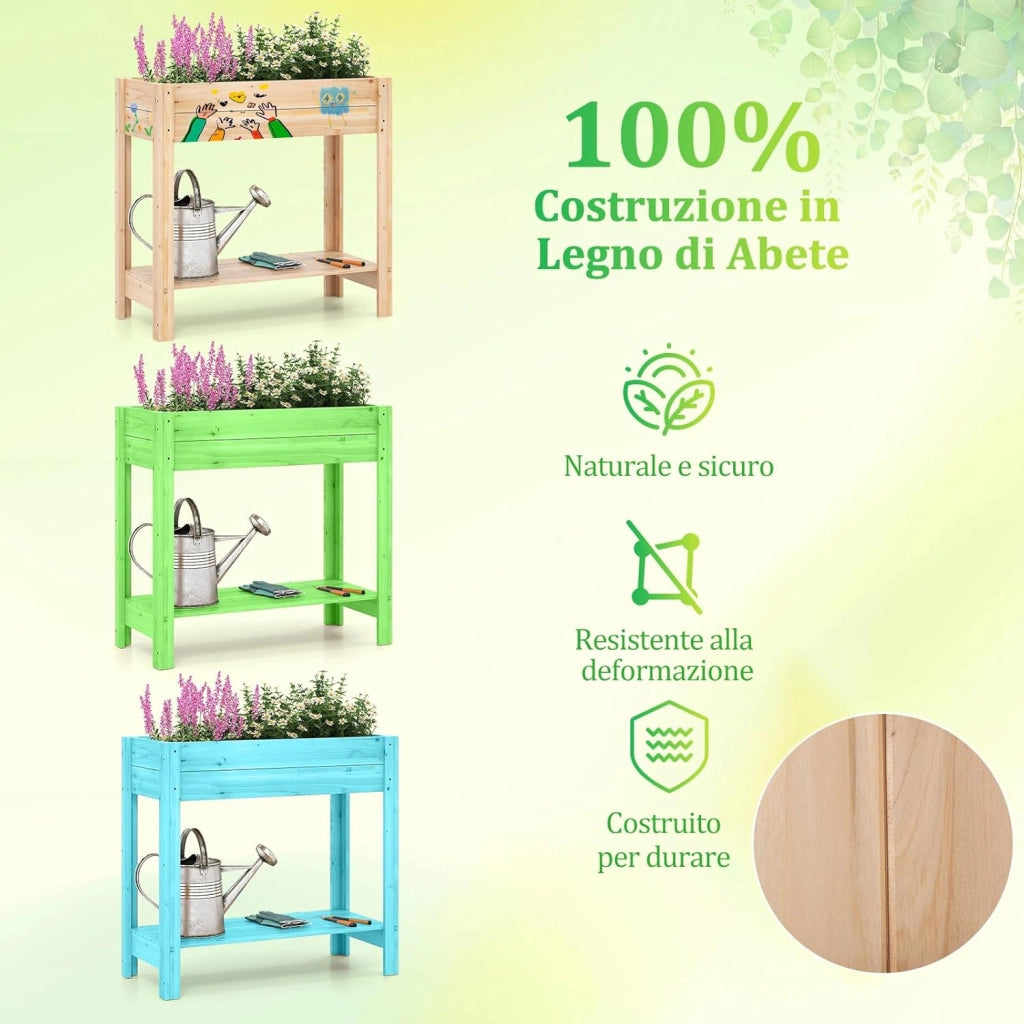 Letto da Giardino Rialzato, Fioriera Elevata con Mensola di Stoccaggio, Drenaggio, Orto in Legno Fiori, Erbe e Verdure per Giardino, Cortile e Patio, 81 x 38 x 77 cm