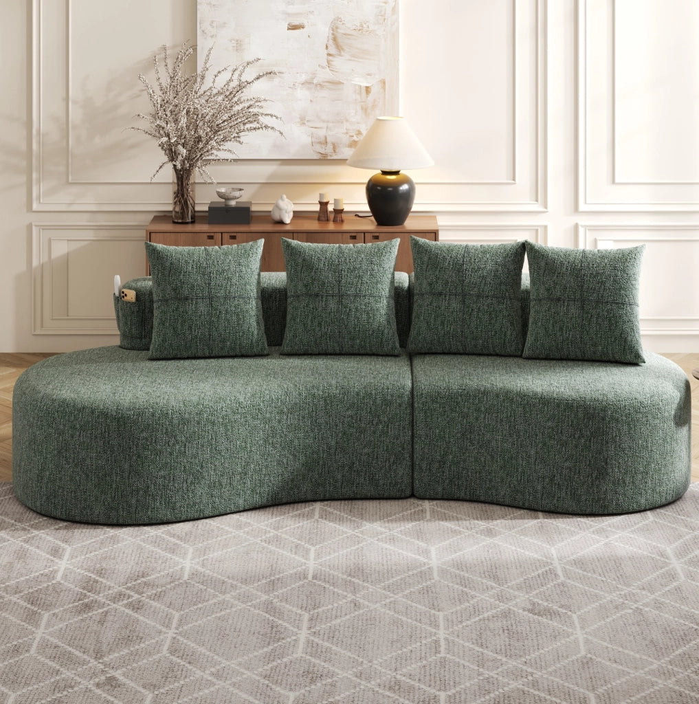 Divano in lino verde 240 x 109 x 60 cm con 4 cuscini; portabicchieri e tasche laterali