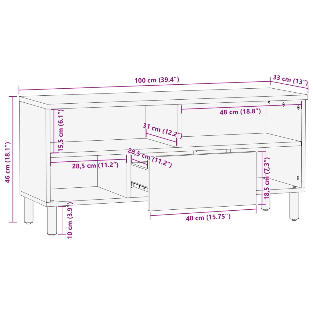 Mobile TV  100x33,5x46 cm in legno massello di acacia