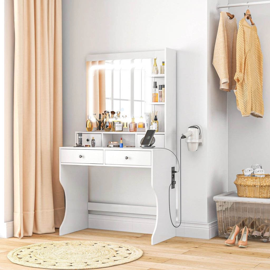 Toeletta Trucco con Luci LED, Specchio, USB, Cassetti e Mensole ¨C zephmum ¨C Bianco, 90x45x160cm