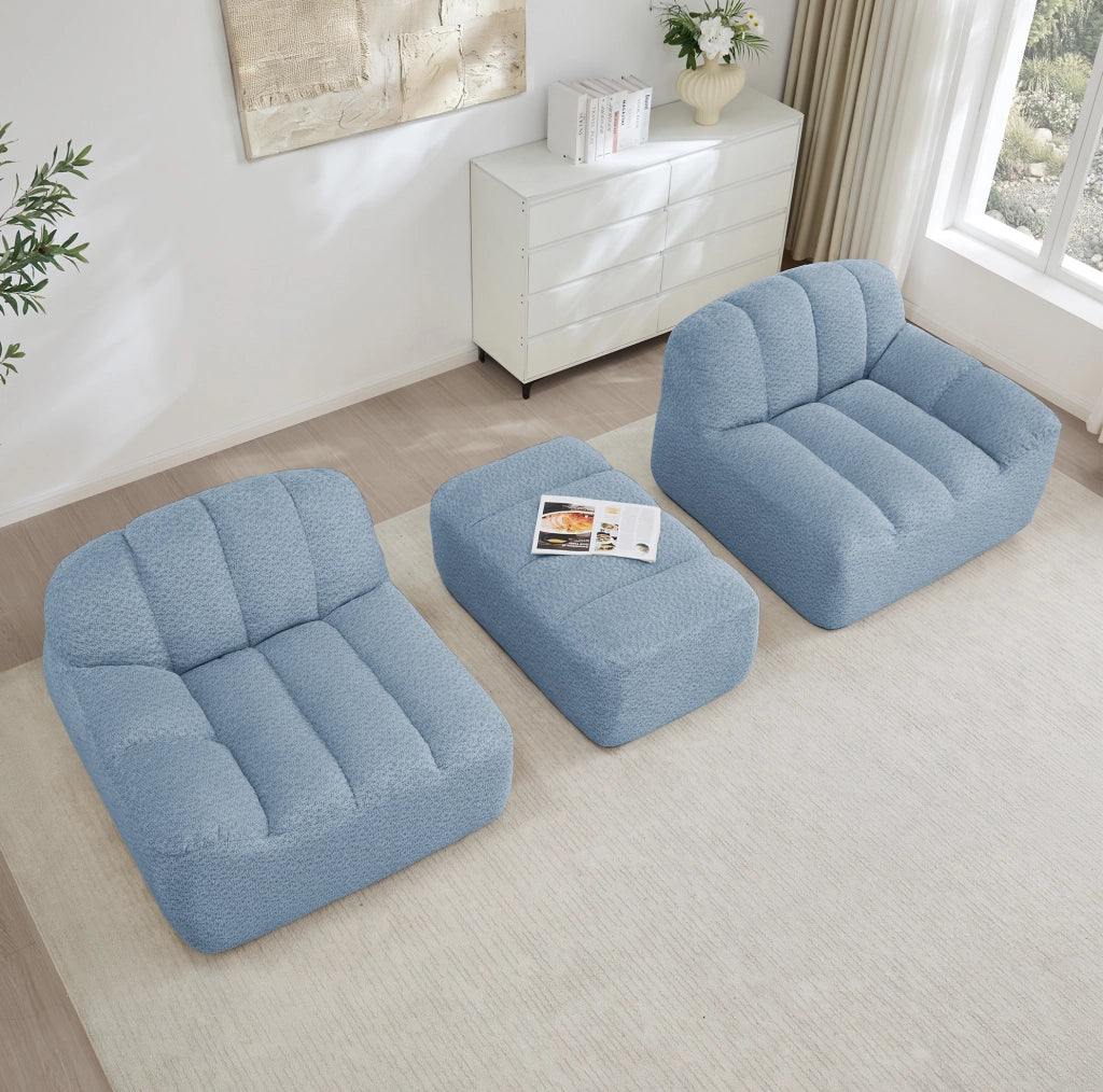 Divano modulare angolare 2 posti con pouf; senza struttura; in fleece granulato blu