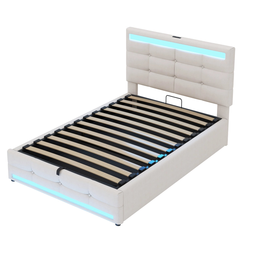 Letto imbottito 90x200 cm beige con LED RGB; USB e testiera regolabile