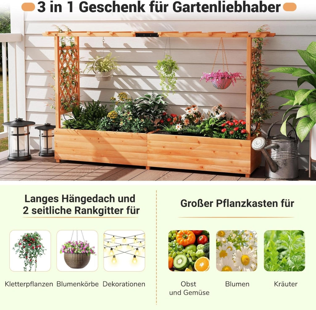Fioriera rialzata con traliccio, 200 x 44 x 114 cm, fioriera con traliccio e tetto, aiuola rialzata per giardino, balcone, legno, per fiori, piante rampicanti e cesti sospesi, arancione