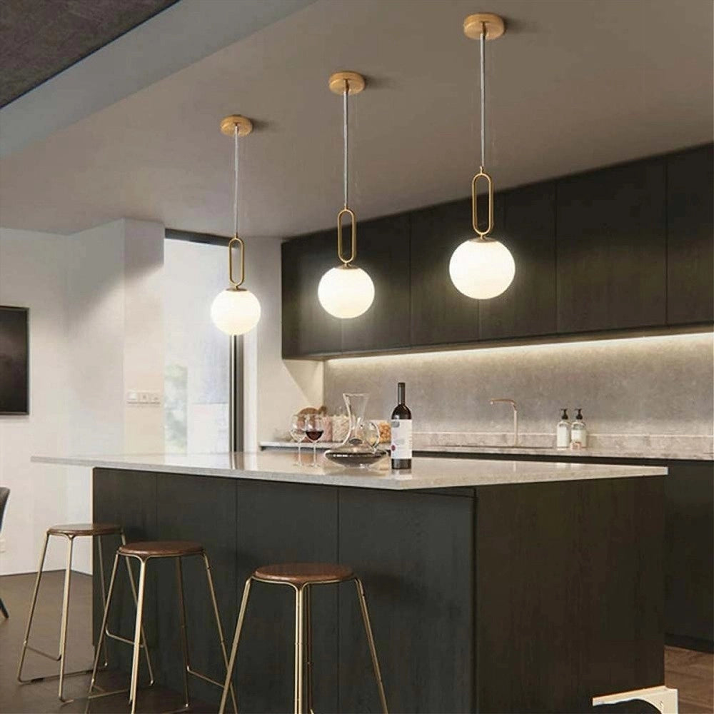 Trade Shop - Lampadario A Sospensione Minimalista Ovale Metallo Bronzo Con Sfera Vetro G9 A96 -