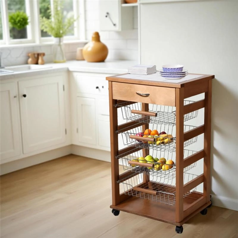 CARRELLO VESUVIO CON CASSETTO ROVERE IN FAGGIO BASE INFERIORE MULTISTRATO DI BETULLA 1 CASSETO 4 CESTELLI PIANO MATTONELLE IN CERAMICA