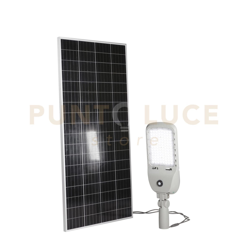 FARO SOLARE STRADALE LED IPERION SILVER 50W 13500LM 4000K PANNELLO SOLARE IP66 82,06X9,9X28CM SENSORI MOVIMENTO E CREPUSCOLARE
