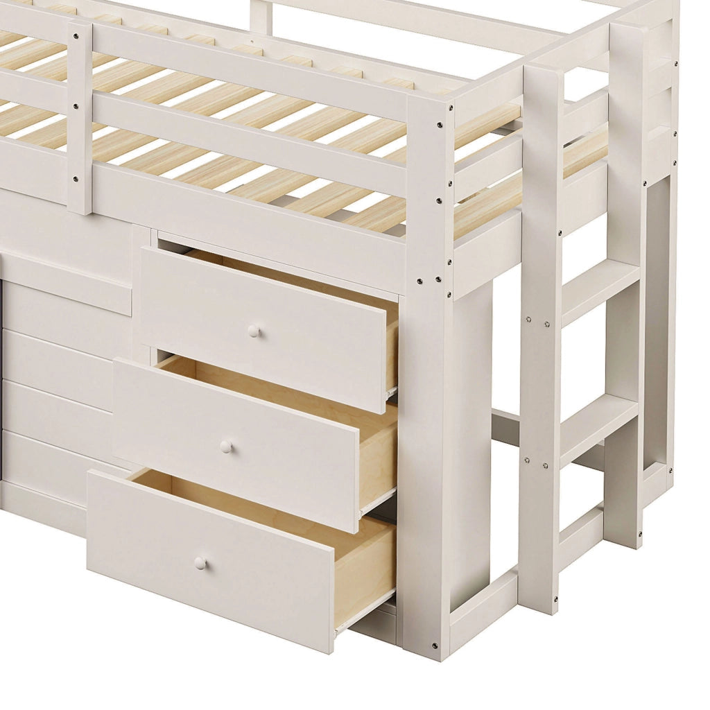 OKWISH Letto a soppalco basso 90×200 cm, Letto Singolo con Scivolo, 3 Cassetti e 2 Ante, senza Materasso, in Legno, Crema