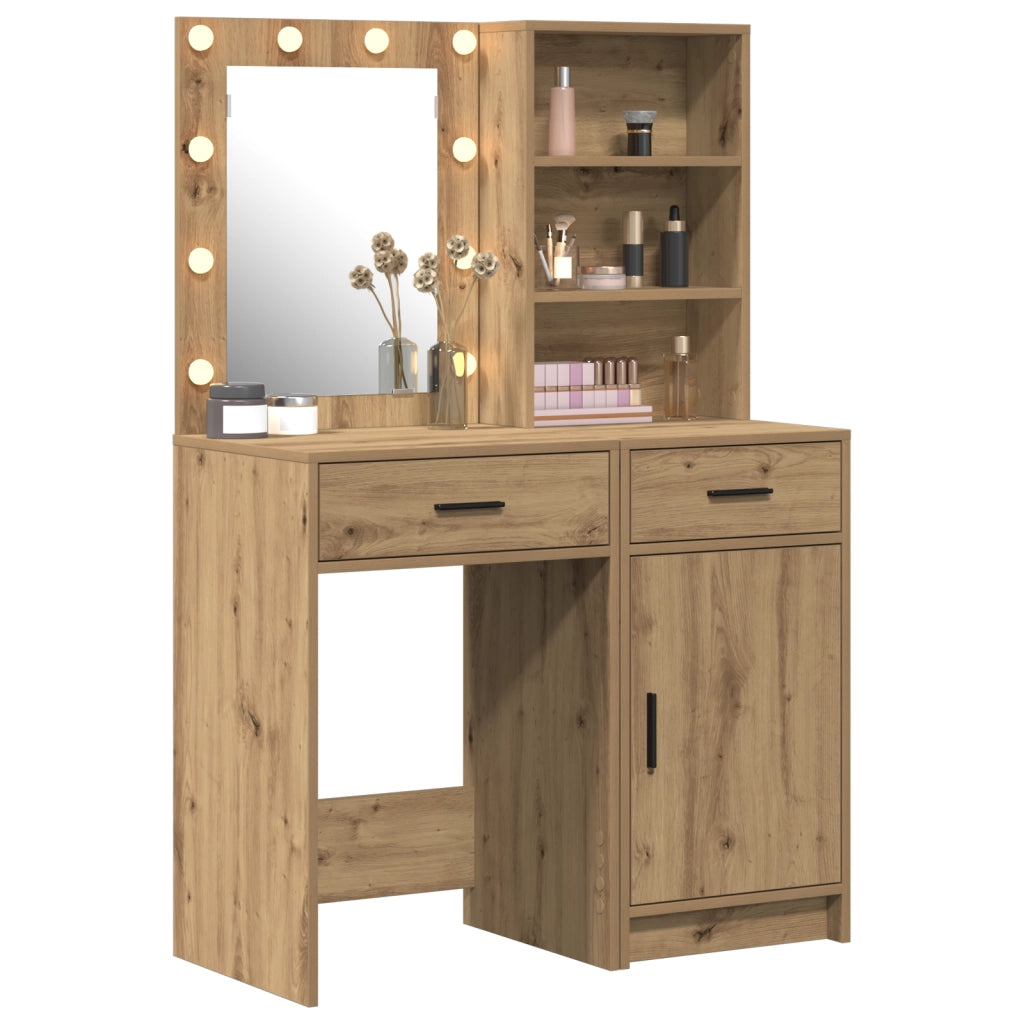 Set di Tavolo da Trucco a 2 Pezzi con LED in Legno Ingegnerizzato Rovere Artigianale