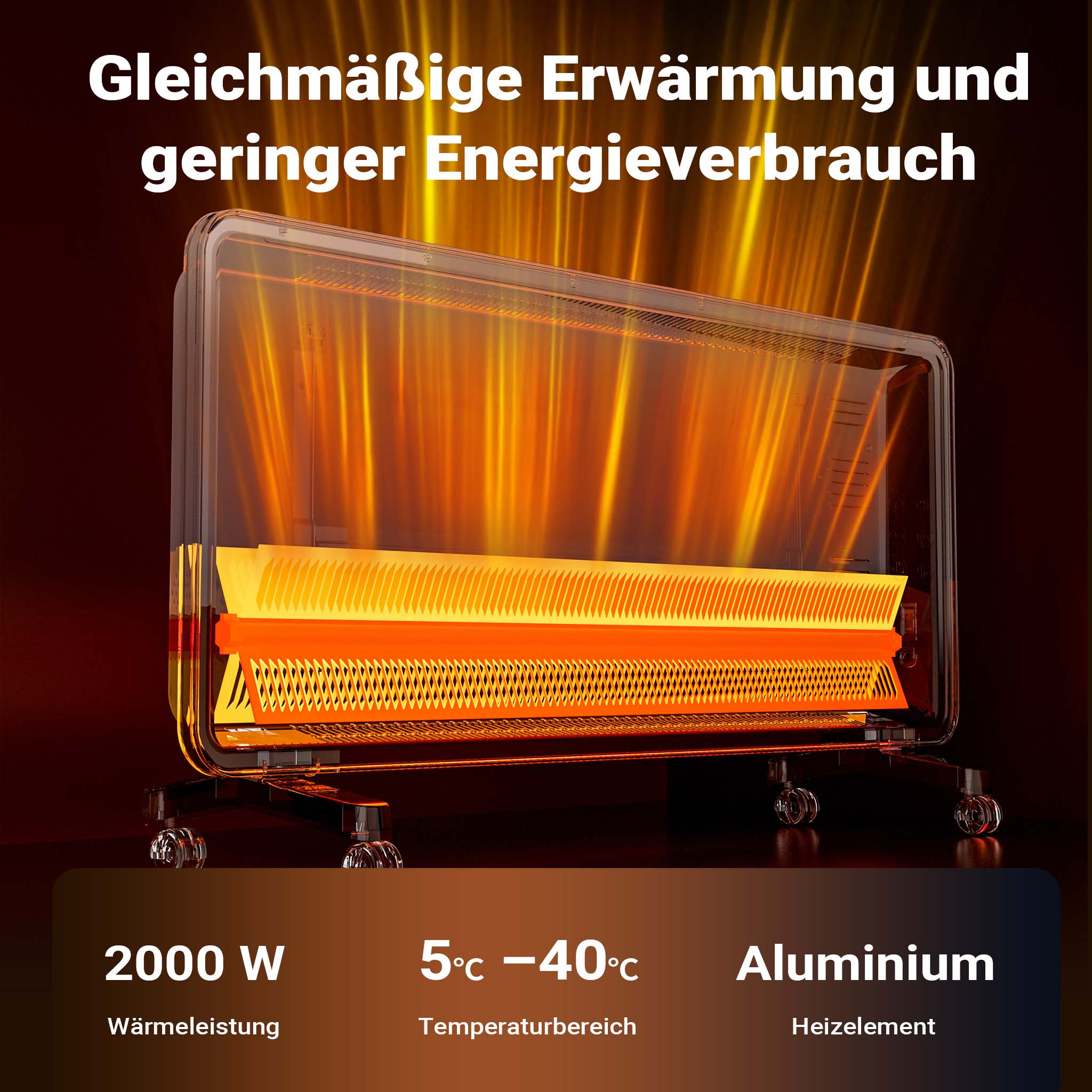 Termoconvettore elettrico in vetro temperato 2000W, controllo Wi-Fi e telecomando, Display LED, IP24