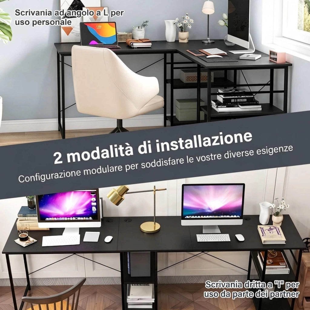 Scrivania per computer, scrivania a L, scrivania trasformabile per due persone, scaffale a più ripiani, fori per il passaggio dei cavi integrati, nero
