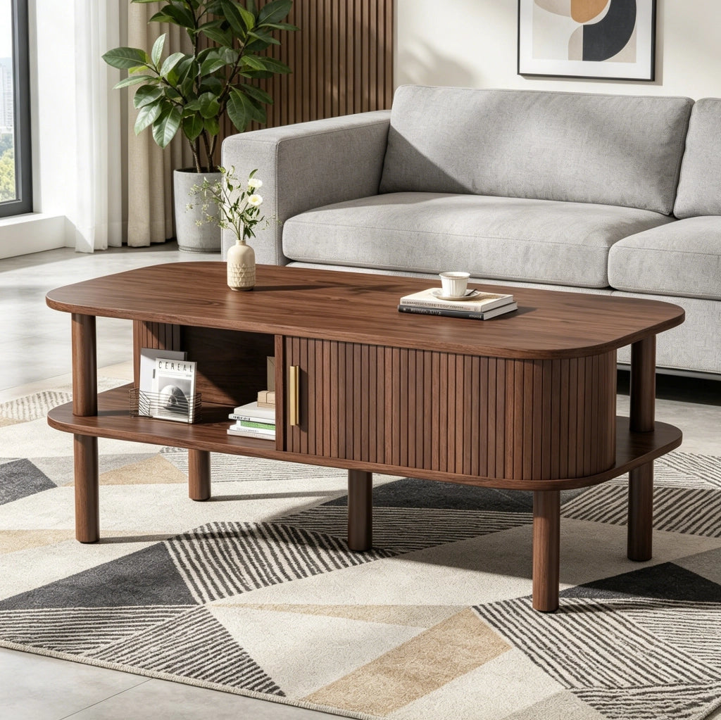 Tavolino da caffè scandinavo 110x55x45 cm con porta scorrevole; effetto noce; MDF