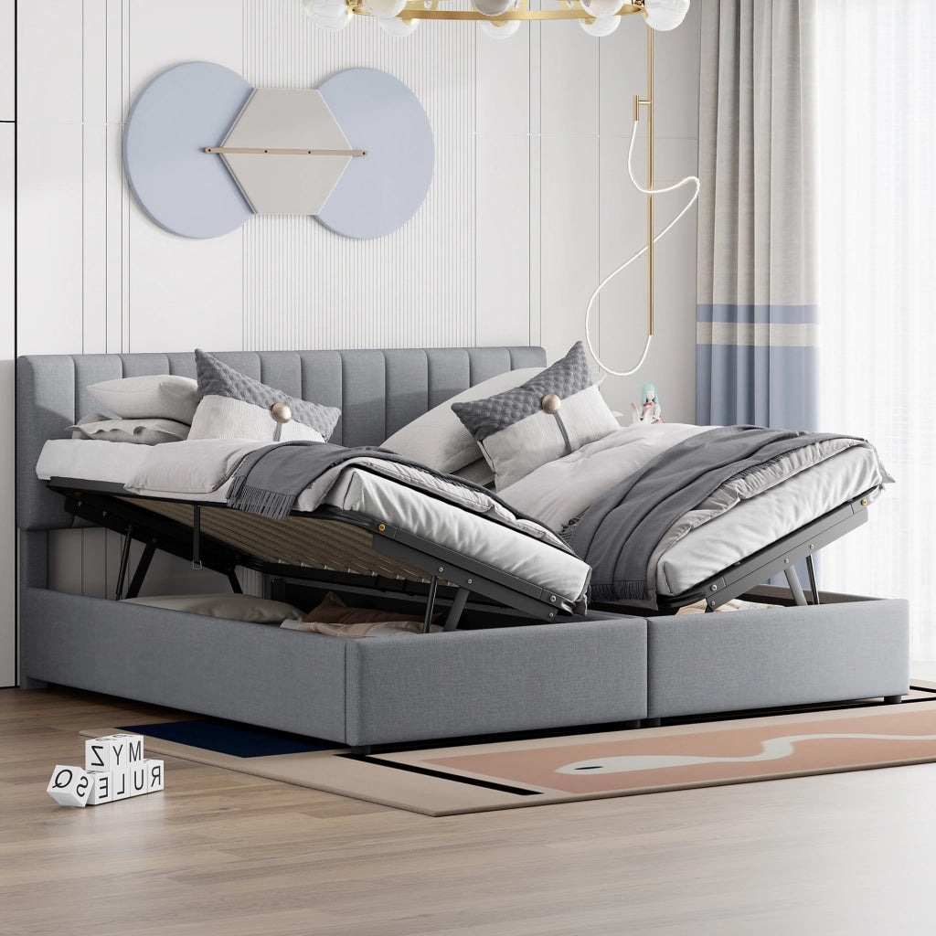 Letto matrimoniale imbottito 180x200 cm con contenitore idraulico; trasformabile in due letti singoli; grigio