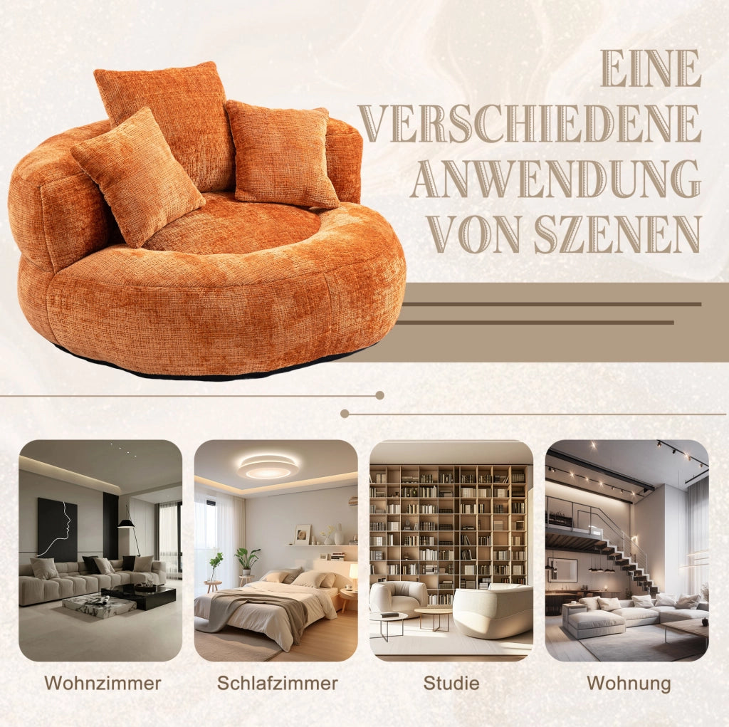 Sedia pouf lazy in chenille arancione 108x108x52 cm; con schienale alto e braccioli
