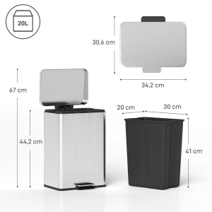 PATTUMIERA A PEDALE 20 L IN ACCIAIO INOX ARGENTO CON CESTINO INTERNO ESTRAIBILE