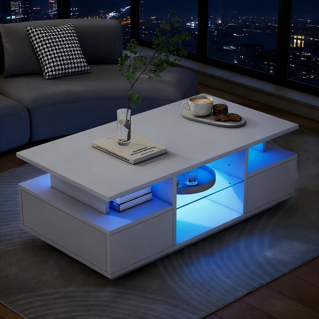 Tavolino basso con 2 cassetti e ripiani in vetro con LED bianco lucido 100 × 50 × 36 cm
