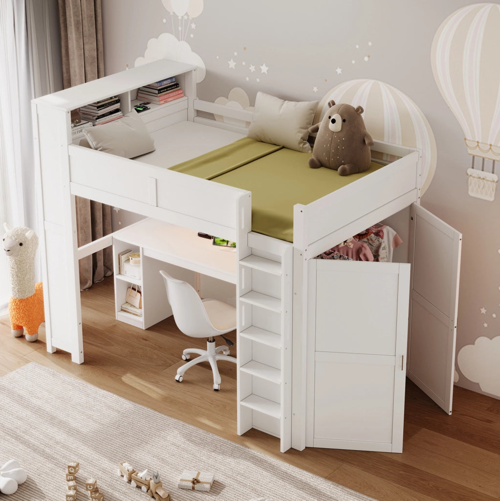 Letto a soppalco 90x200 cm con scrivania; armadio; vani; USB e LED; bianco